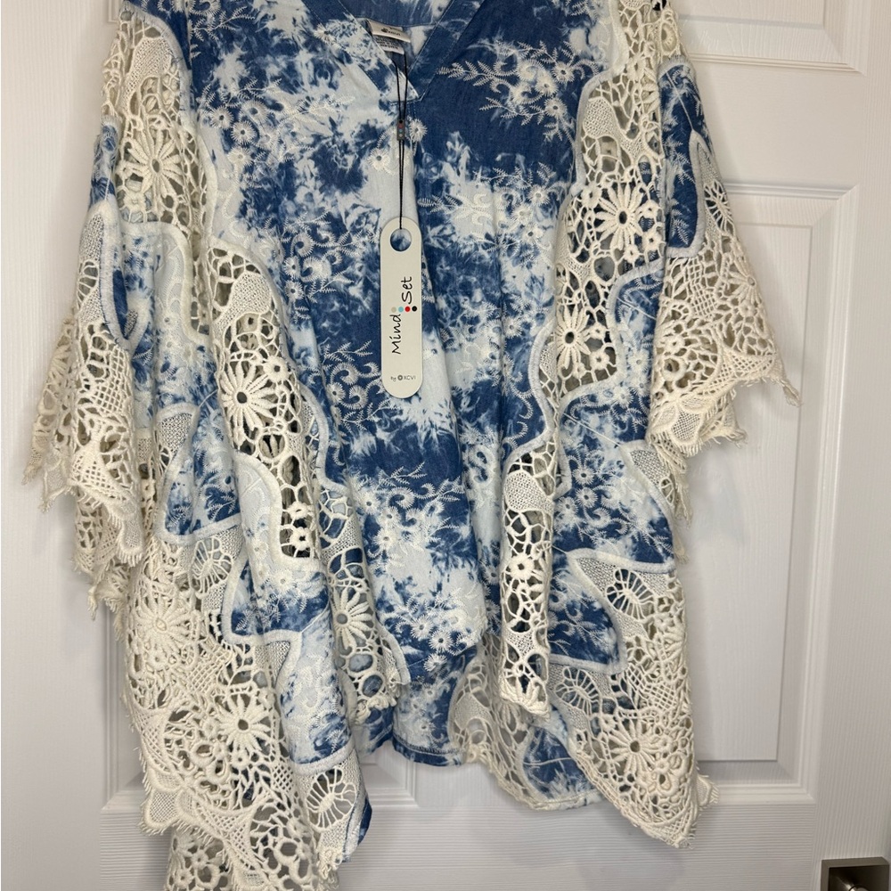 MindSet XCV1 Tunic S/Medium Blue White Ombre‎ Crochet Tie Dye 3/4 Sleeves Cotton